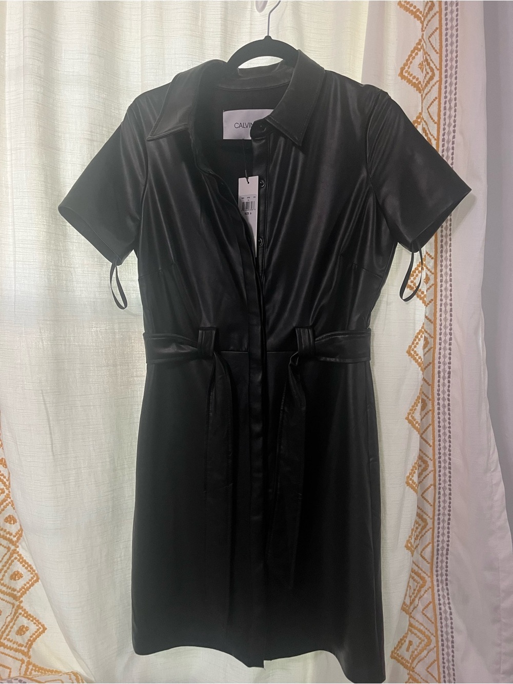 Calvin Klein Black Faux Leather Shirt Dress